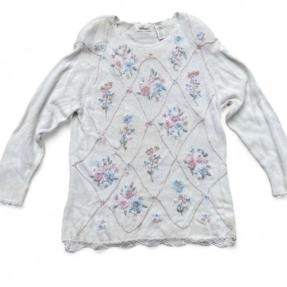 Granny Core Floral Knit Sweater Women's XL Lace Trim Shoulder Pads‎ Worthington